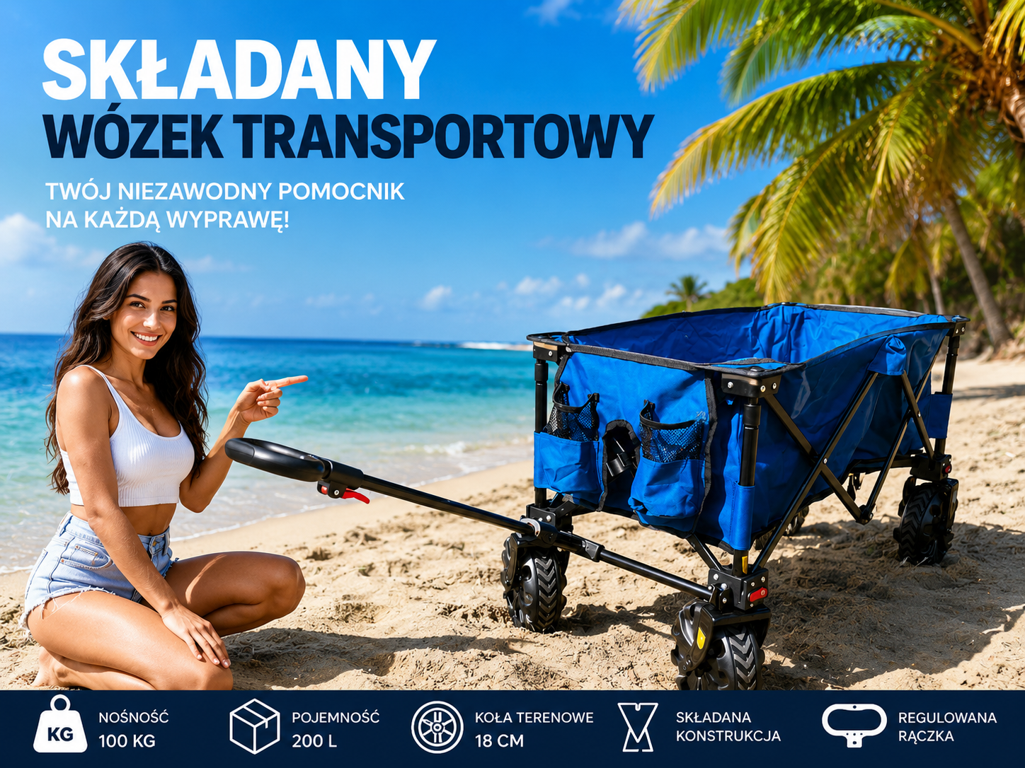 TIMBER RIDGE TR-21727 Składany Wózek Transportowy Kempingowy XXL Terenowy Niebieski