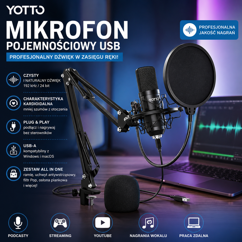 YOTTO Mikrofon Pojemnościowy USB 192kHz 24bit z Ramieniem i Pop Filtrem – Nowy