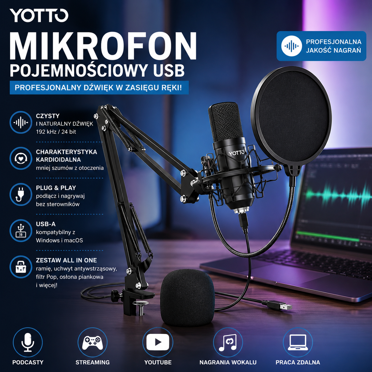 YOTTO Mikrofon Pojemnościowy USB 192kHz 24bit z Ramieniem i Pop Filtrem – Nowy