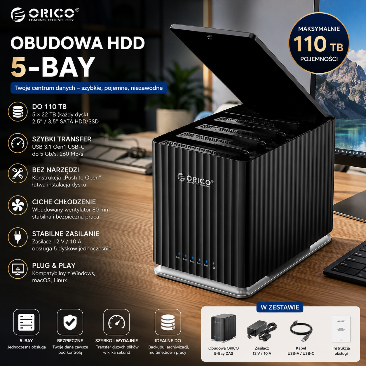 ORICO Obudowa na 5 dysków HDD/SSD SATA USB-C – do 110 TB