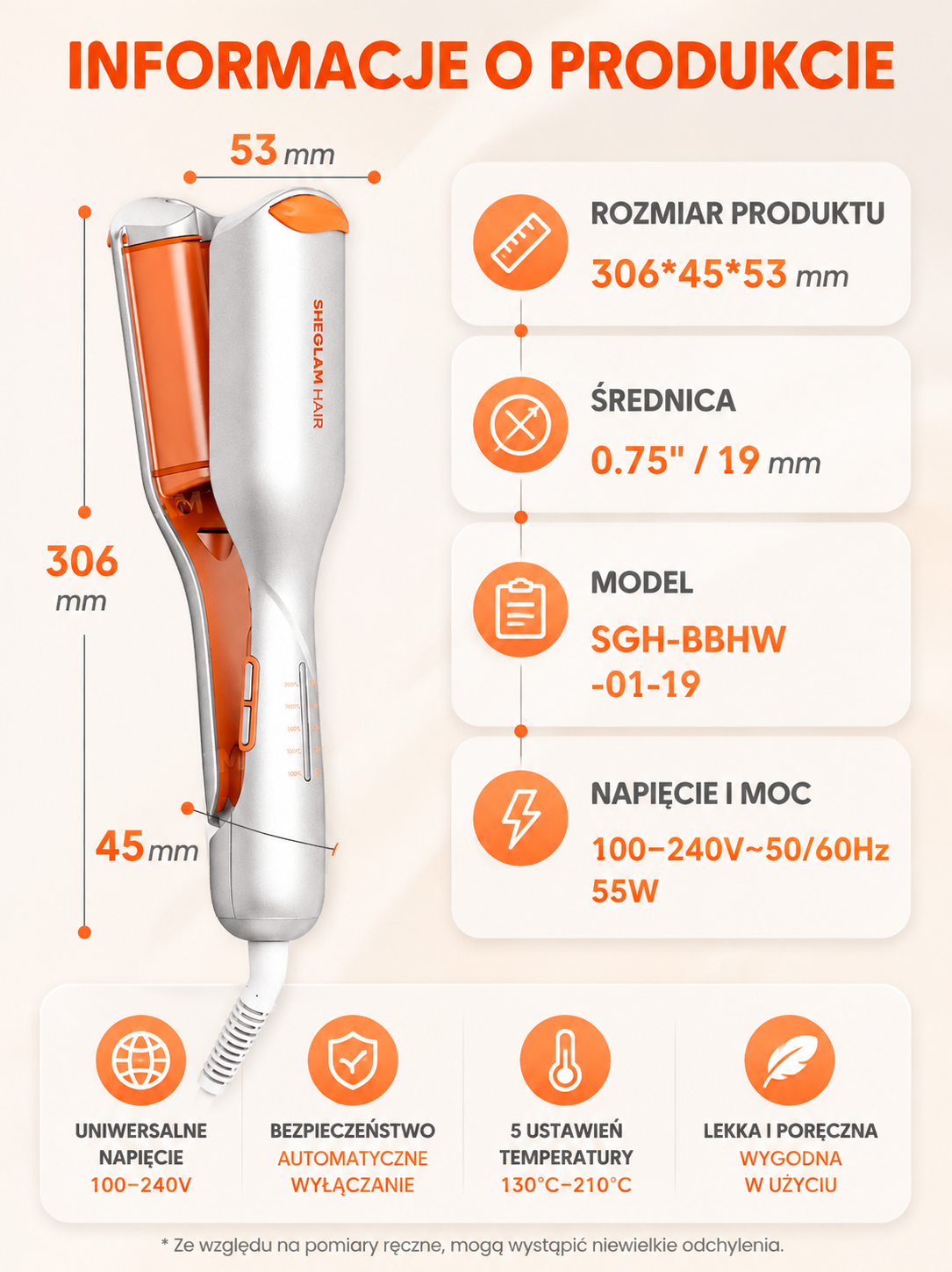 SHEGLAM Hair Beach Babe 25 mm – falownica do włosów, jonizacja, 73 W
