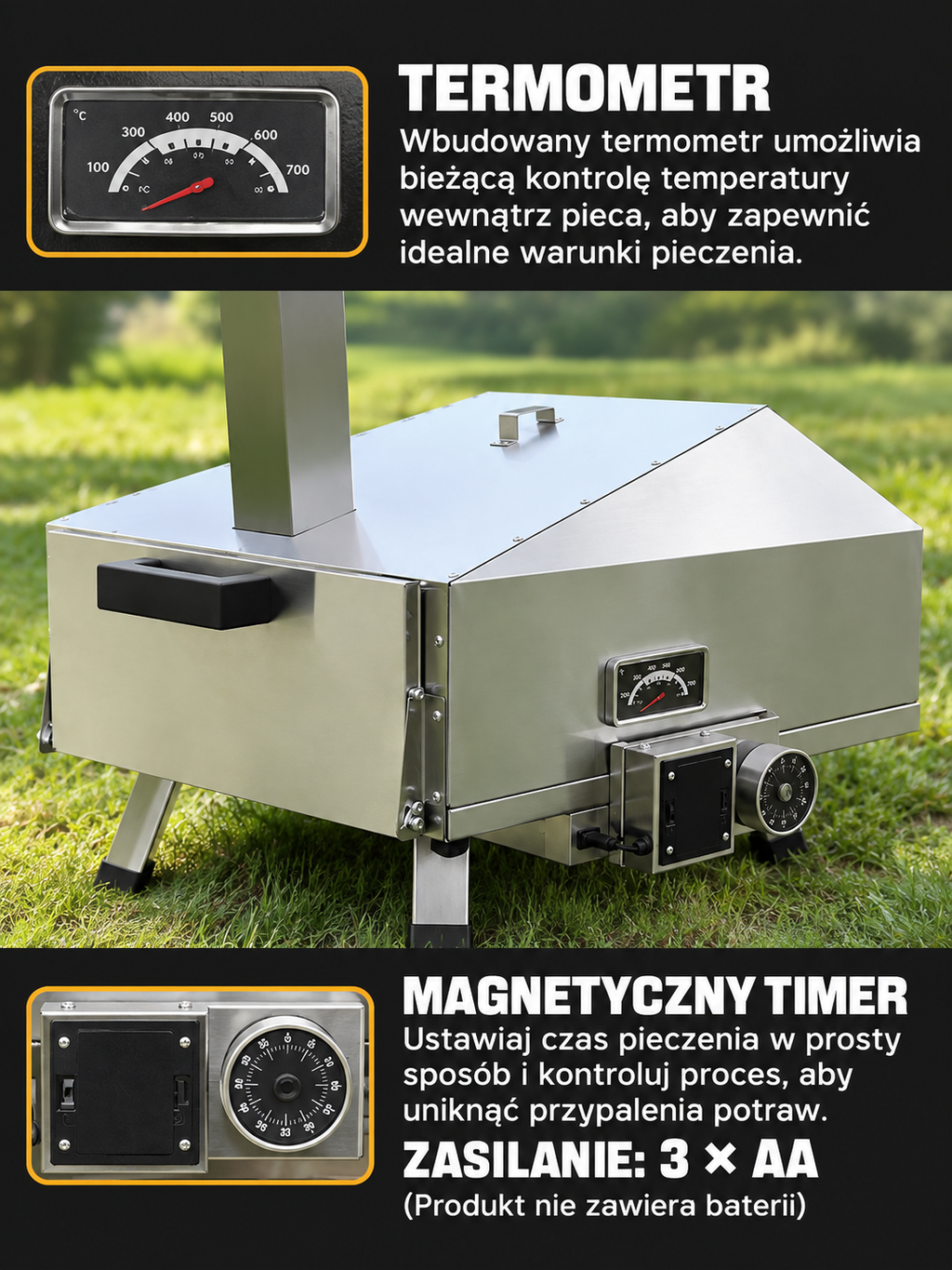 Piec do pizzy na pellet 360° z termometrem i timerem – stal nierdzewna