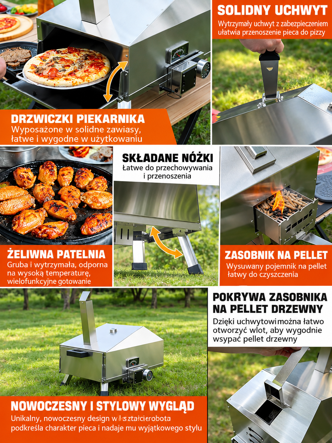 Piec do pizzy na pellet 360° z termometrem i timerem – stal nierdzewna