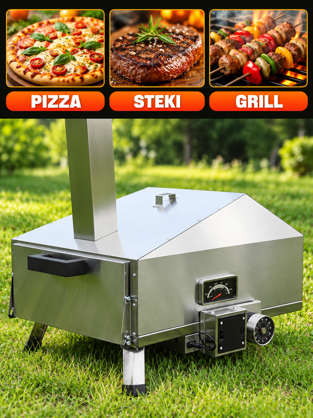 Piec do pizzy na pellet 360° z termometrem i timerem – stal nierdzewna