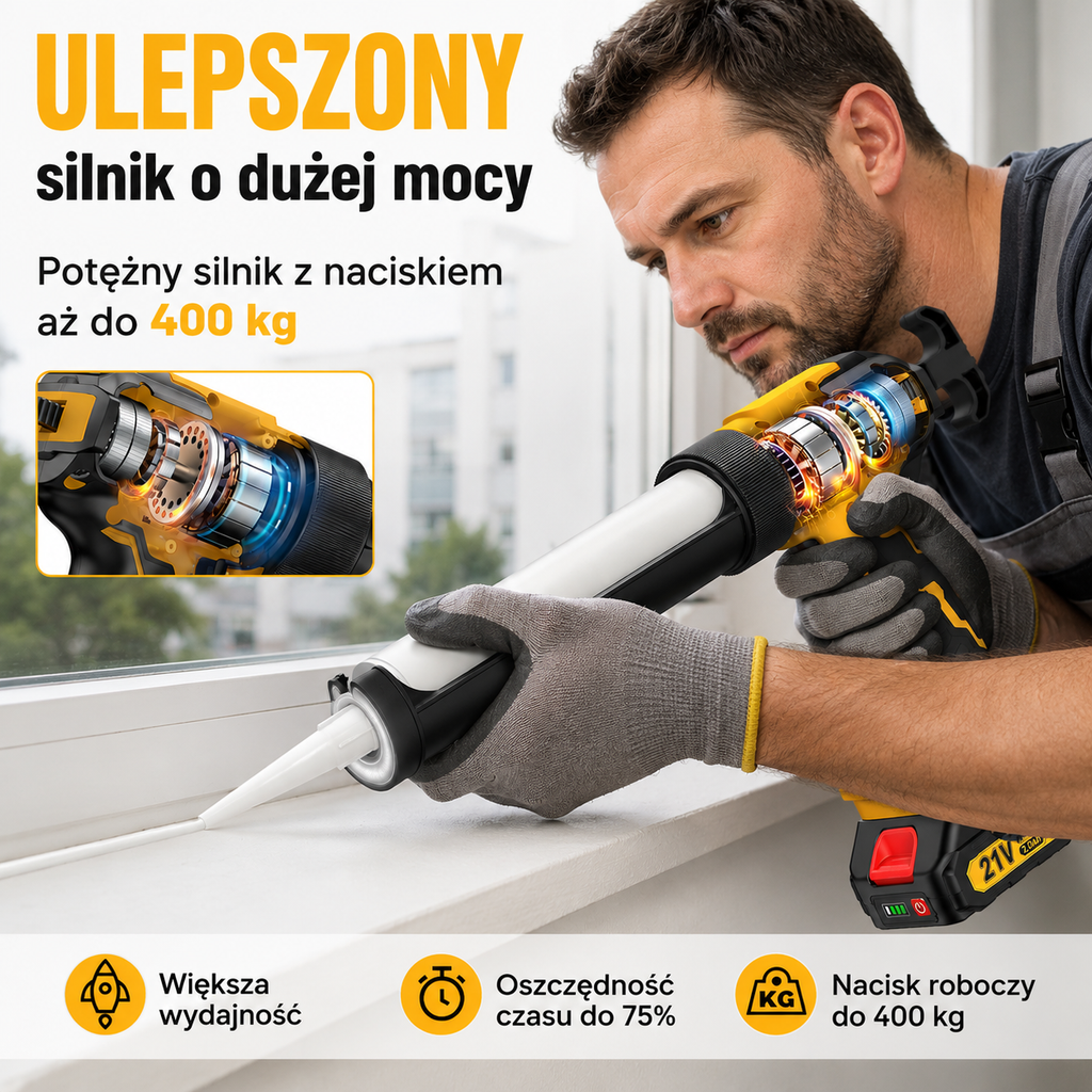 Gisam Akumulatorowy pistolet do silikonu i kleju 21V | 2× akumulator 2.0 Ah | 6 biegów | LED | Wyświetlacz