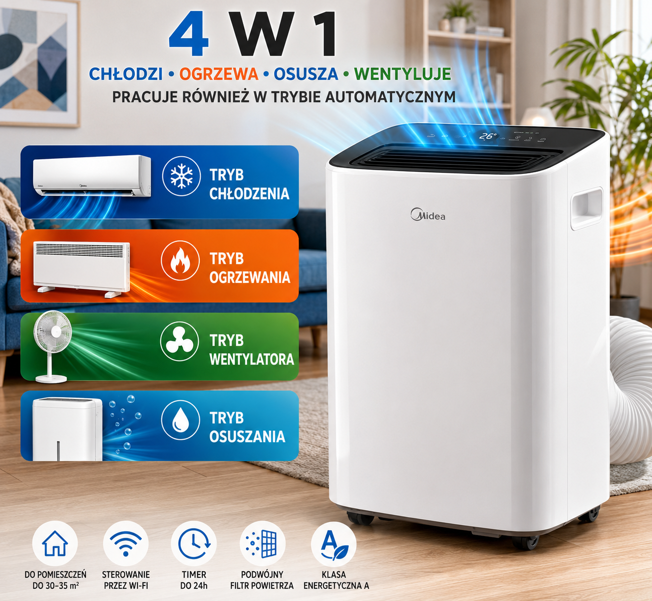 MIDEA Silent 12000 BTU – Klimatyzator przenośny z funkcją grzania | 3,5 kW | WiFi | Pompa ciepła