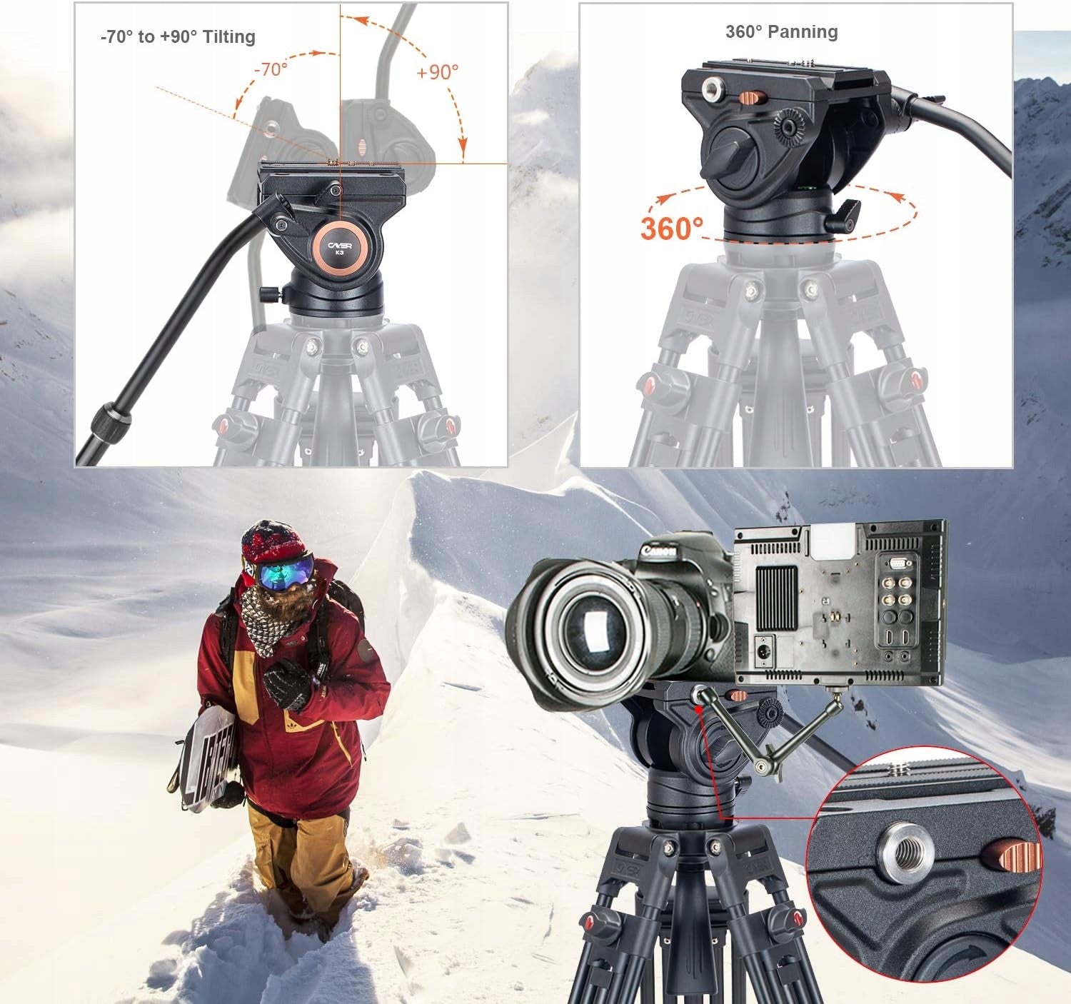 Cayer K3 głowica olejowa obrotowa poziomująca z adapterem gwint 1/4" i 3/8"