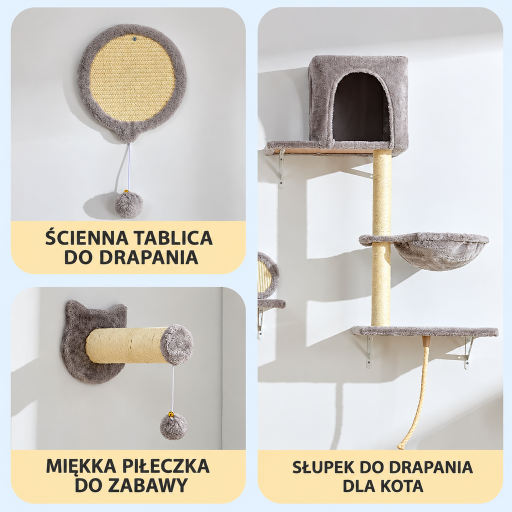 Drapak ścienny dla kota BYBYME – zestaw wspinaczkowy 6 elementów, domki, hamak, mostek, półki, jasnoszary