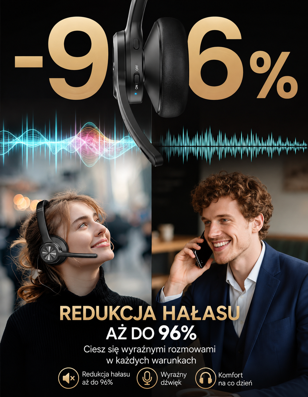 TECKNET TK-HS017 Słuchawka Bluetooth 5.2 z Mikrofonem AI 60h