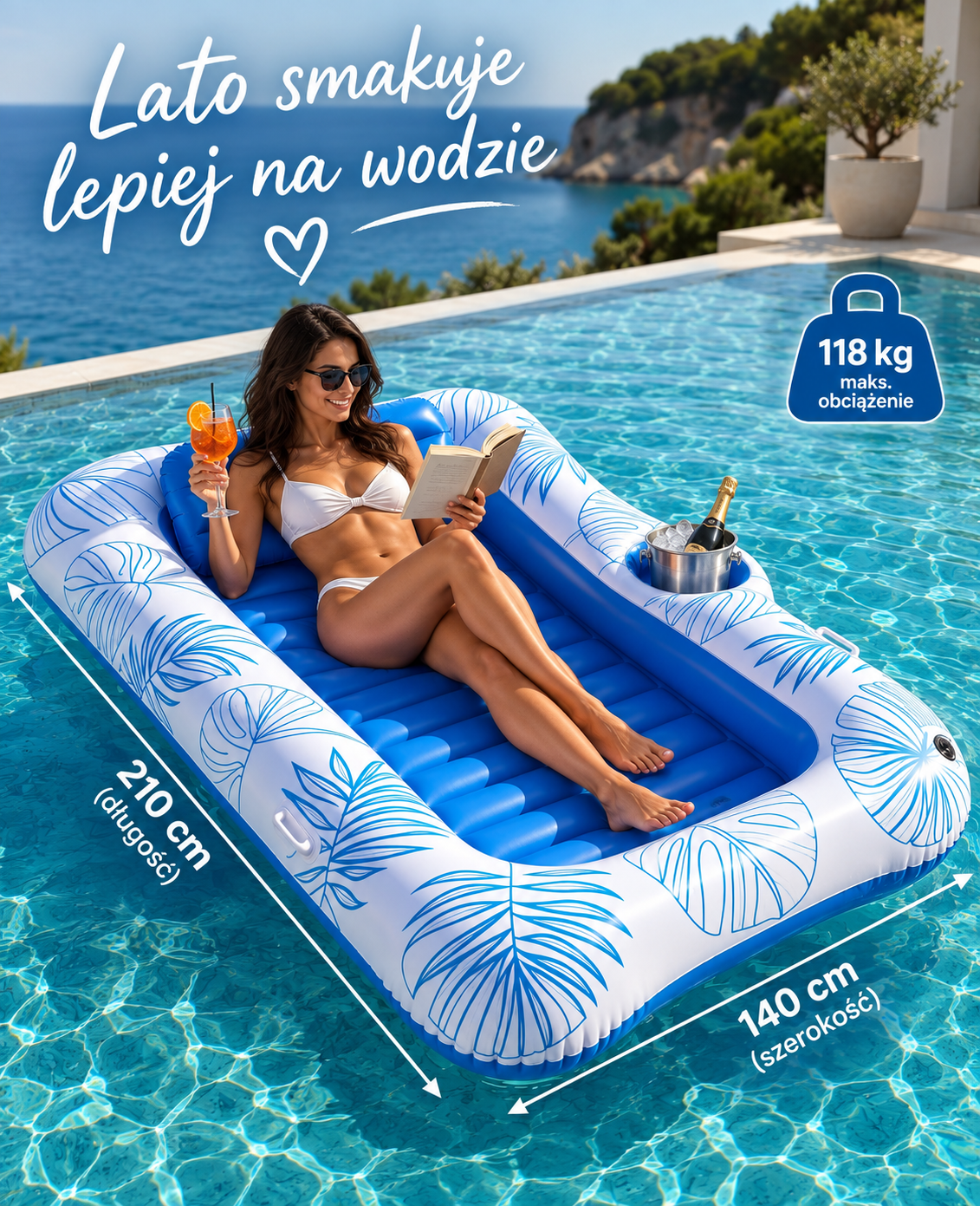 HeySplash Materac Dmuchany Basenowy 210x140 cm Leżak z Zagłówkiem 159 kg