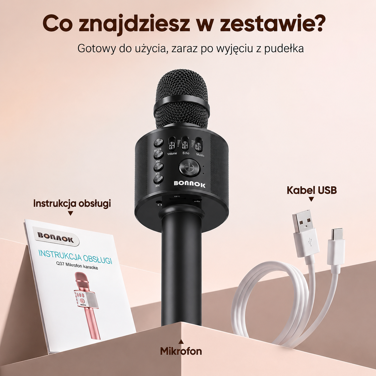 BONAOK Q37 – Mikrofon karaoke Bluetooth z wbudowanym głośnikiem