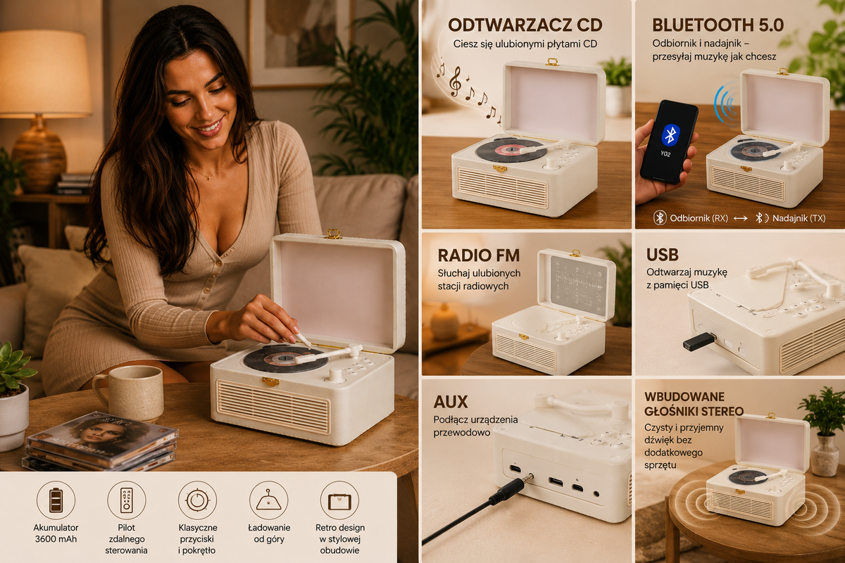 Odtwarzacz CD Bluetooth Gueray Y02 Retro – FM, USB, AUX, pilot