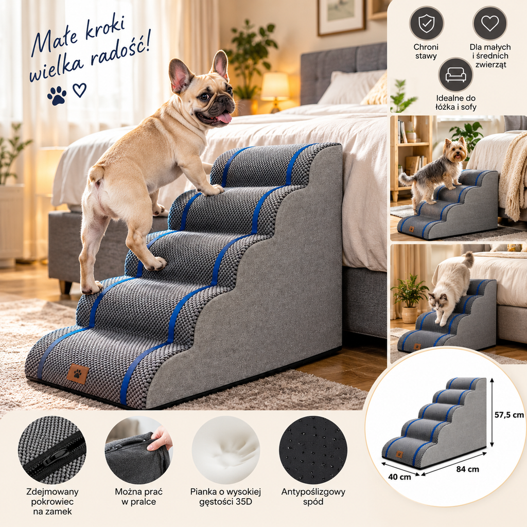 Gardner Pet Schody dla Psa Kota 5 Stopni 84x40x57,5 cm Piankowe Szare