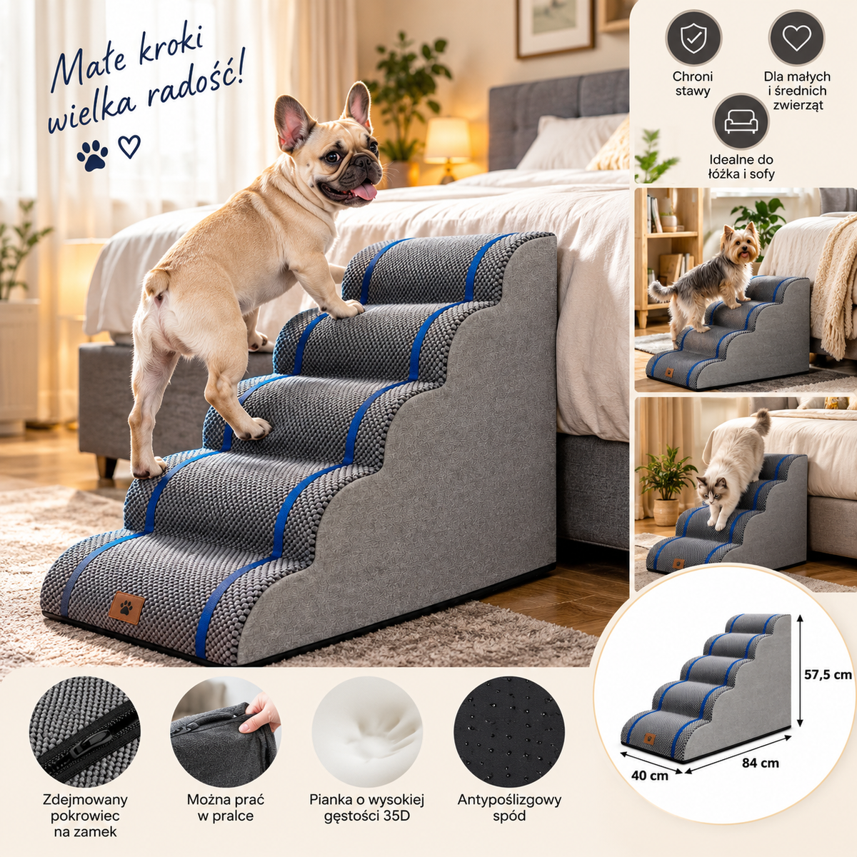 Gardner Pet Schody dla Psa Kota 5 Stopni 84x40x57,5 cm Piankowe Szare
