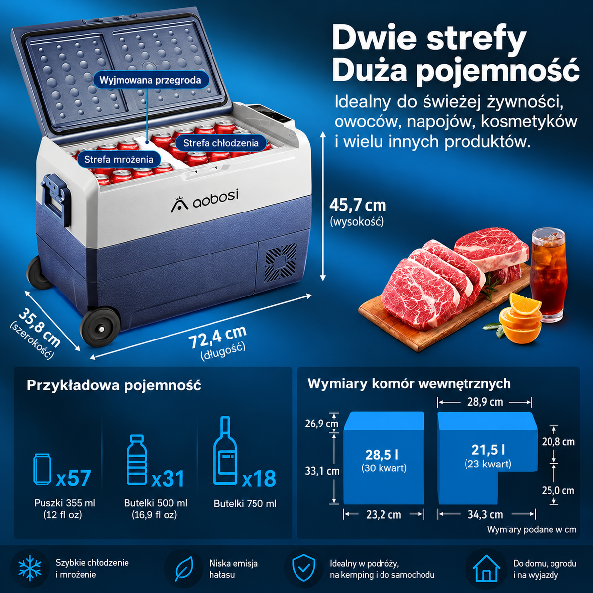 AAOBOSI T50 lodówka kompresorowa 50L dwustrefowa WiFi 12/24V -20°C