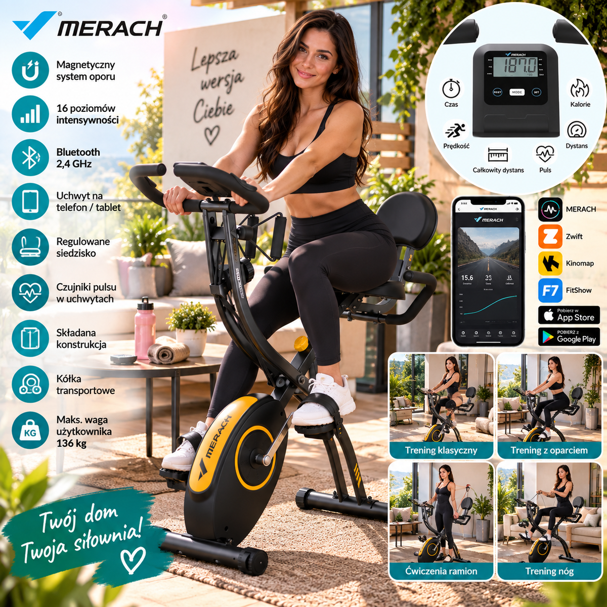 Rower treningowy MERACH MR-S15Y2 magnetyczny składany 16 poziomów Bluetooth 136 kg