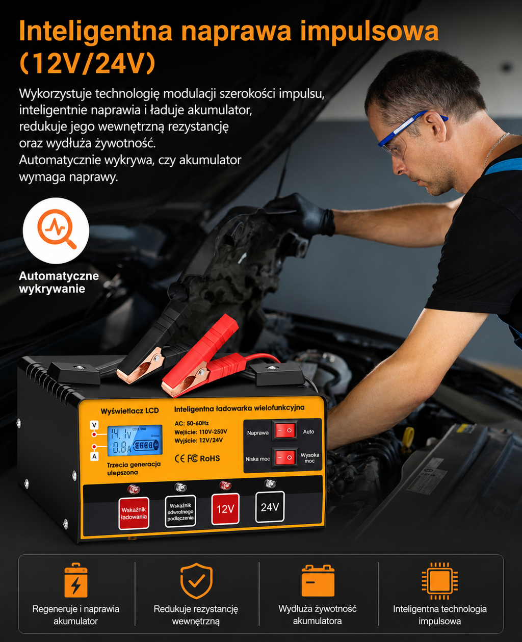 Outerman MF-2C – inteligentny prostownik 12V/24V 12A/8,5A z LCD i funkcją Repair