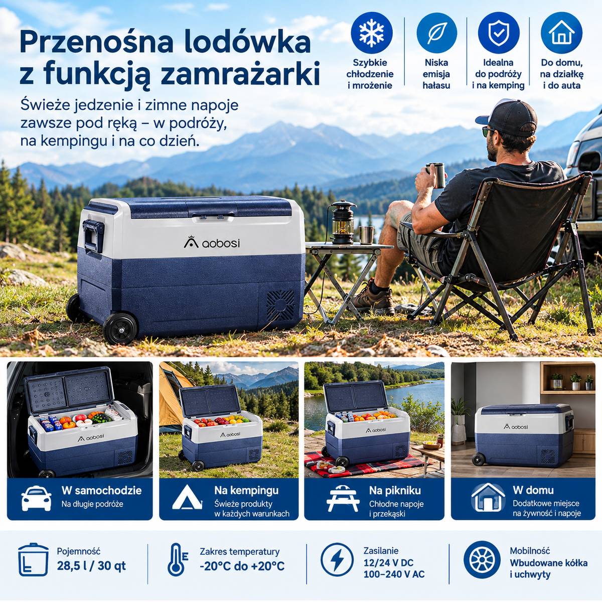 AAOBOSI T50 lodówka kompresorowa 50L dwustrefowa WiFi 12/24V -20°C