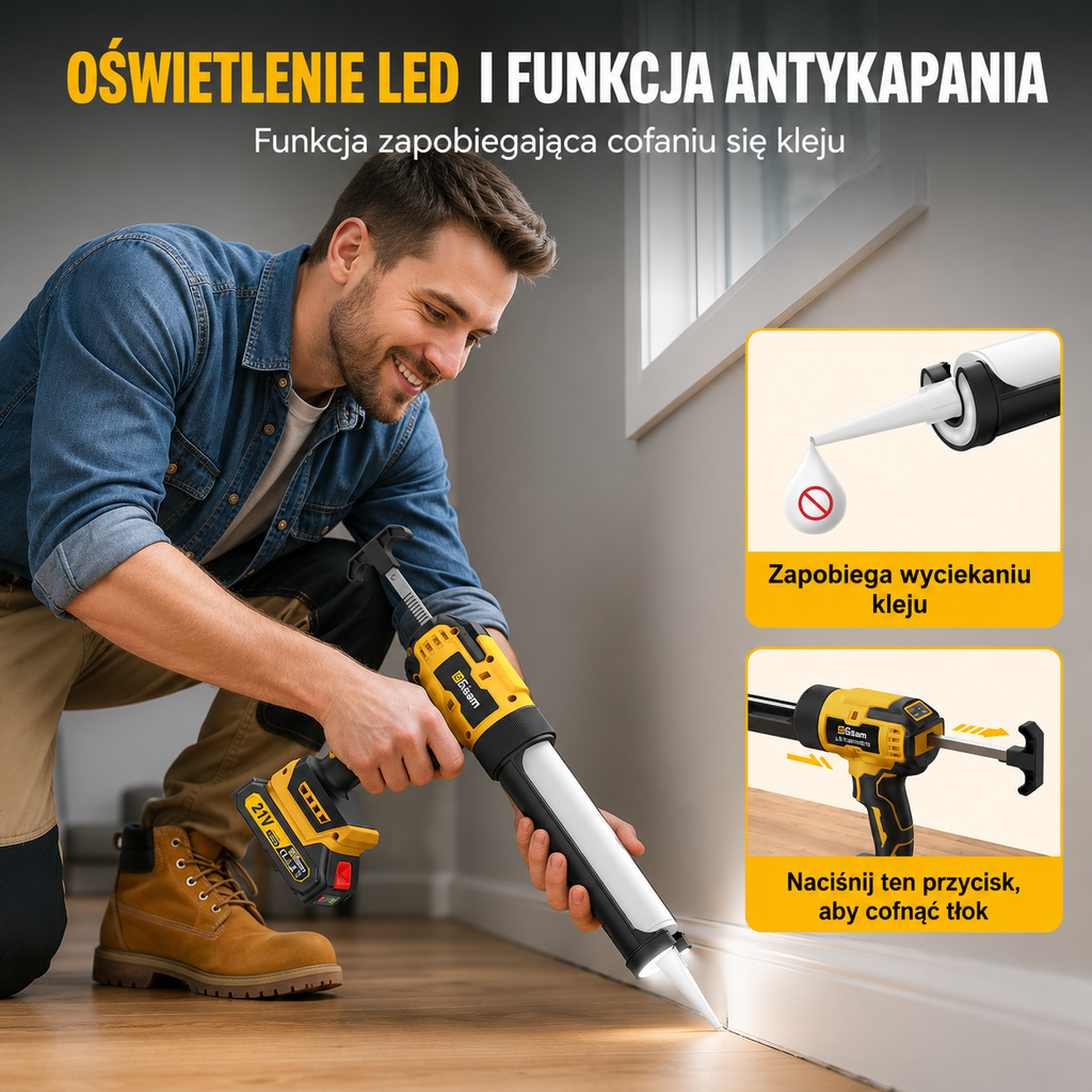 Gisam Akumulatorowy pistolet do silikonu i kleju 21V | 2× akumulator 2.0 Ah | 6 biegów | LED | Wyświetlacz