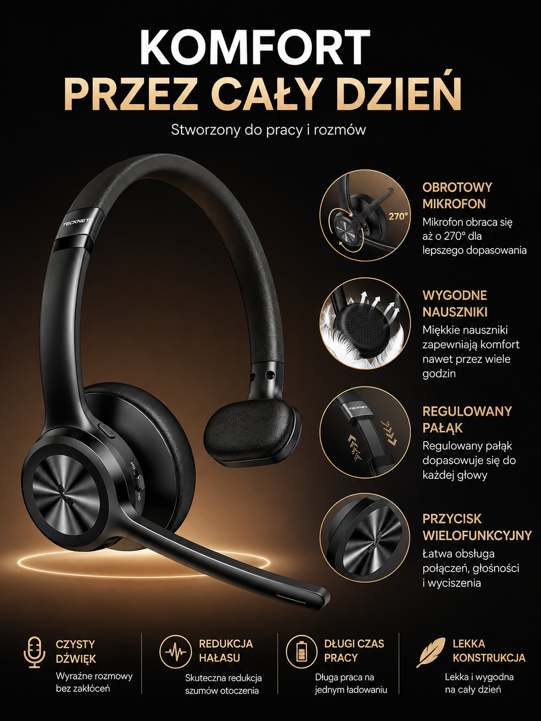 TECKNET TK-HS017 Słuchawka Bluetooth 5.2 z Mikrofonem AI 60h