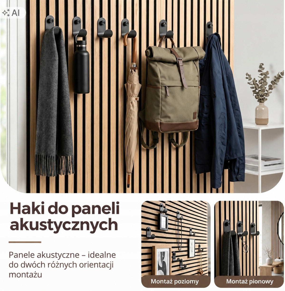 Haki do paneli akustycznych i lameli 3 szt. – metalowe wieszaki bez wiercenia czarne