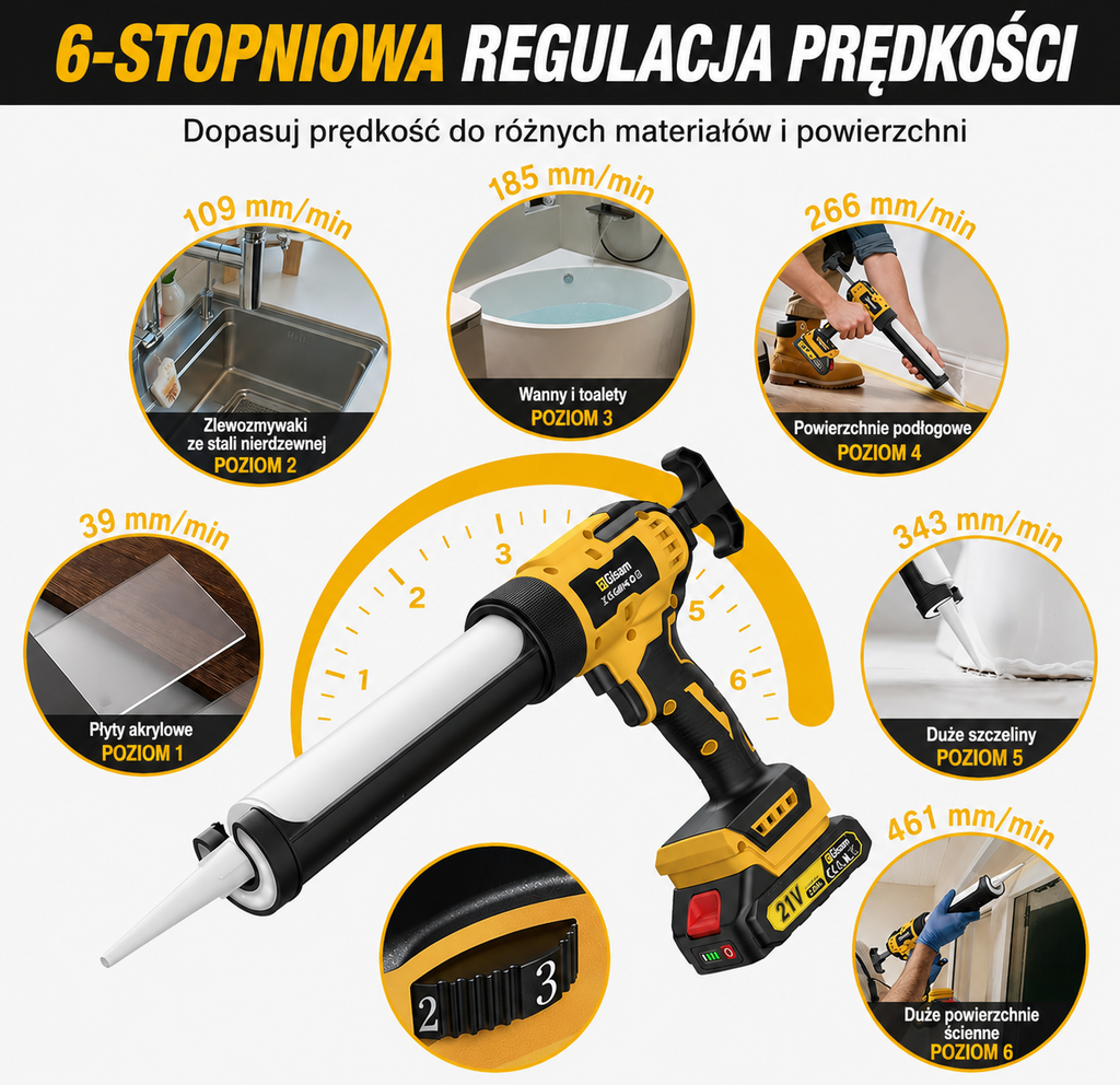 Gisam Akumulatorowy pistolet do silikonu i kleju 21V | 2× akumulator 2.0 Ah | 6 biegów | LED | Wyświetlacz