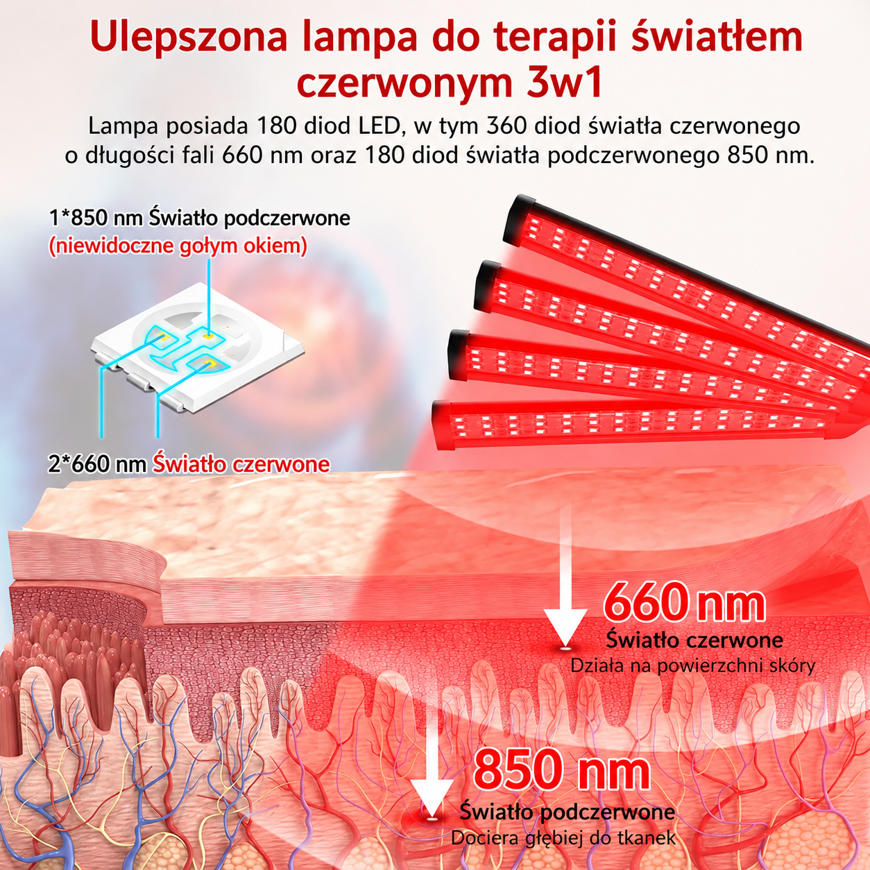 Lampa do terapii światłem czerwonym LED 180 diod 660 nm + 850 nm ze statywem