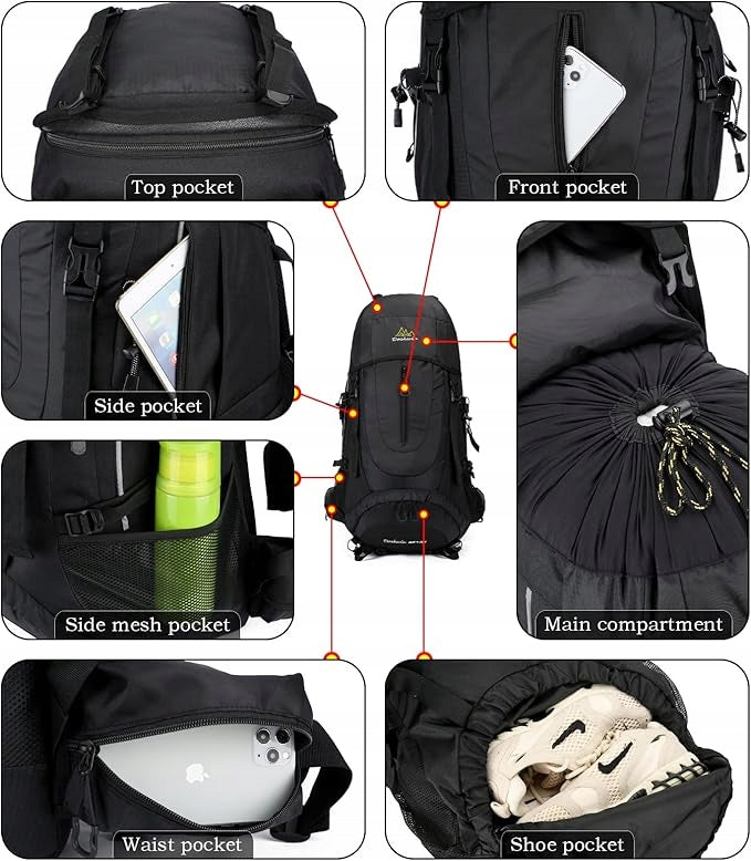 Doshwin Plecak Trekkingowy Czarny 70l + 5l Wodoodporny Pakowny Lekki