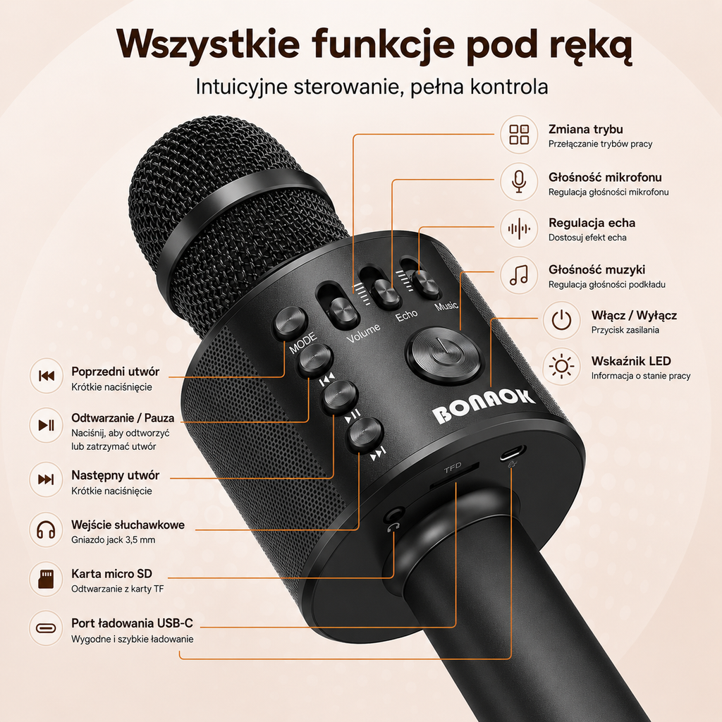 BONAOK Q37 – Mikrofon karaoke Bluetooth z wbudowanym głośnikiem