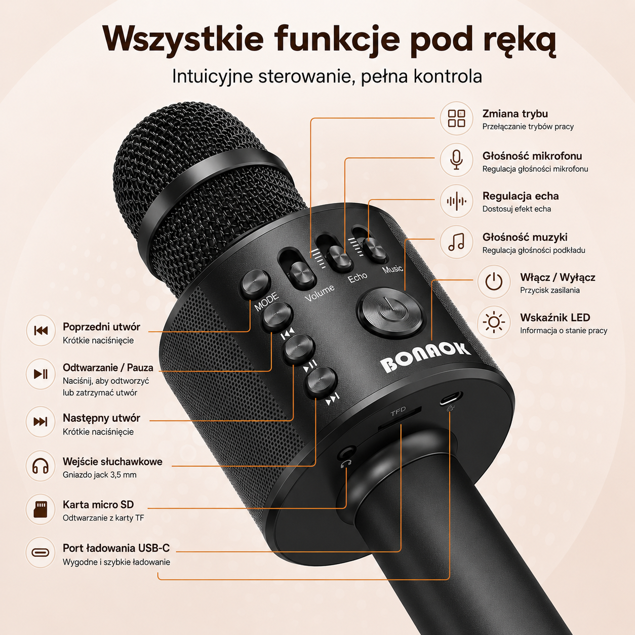 BONAOK Q37 – Mikrofon karaoke Bluetooth z wbudowanym głośnikiem