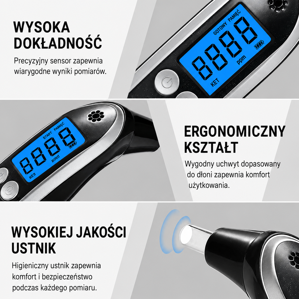 Tester Oddechowy Ketozy SOYAA – Miernik Ketonów PPM LCD + 8 Ustników