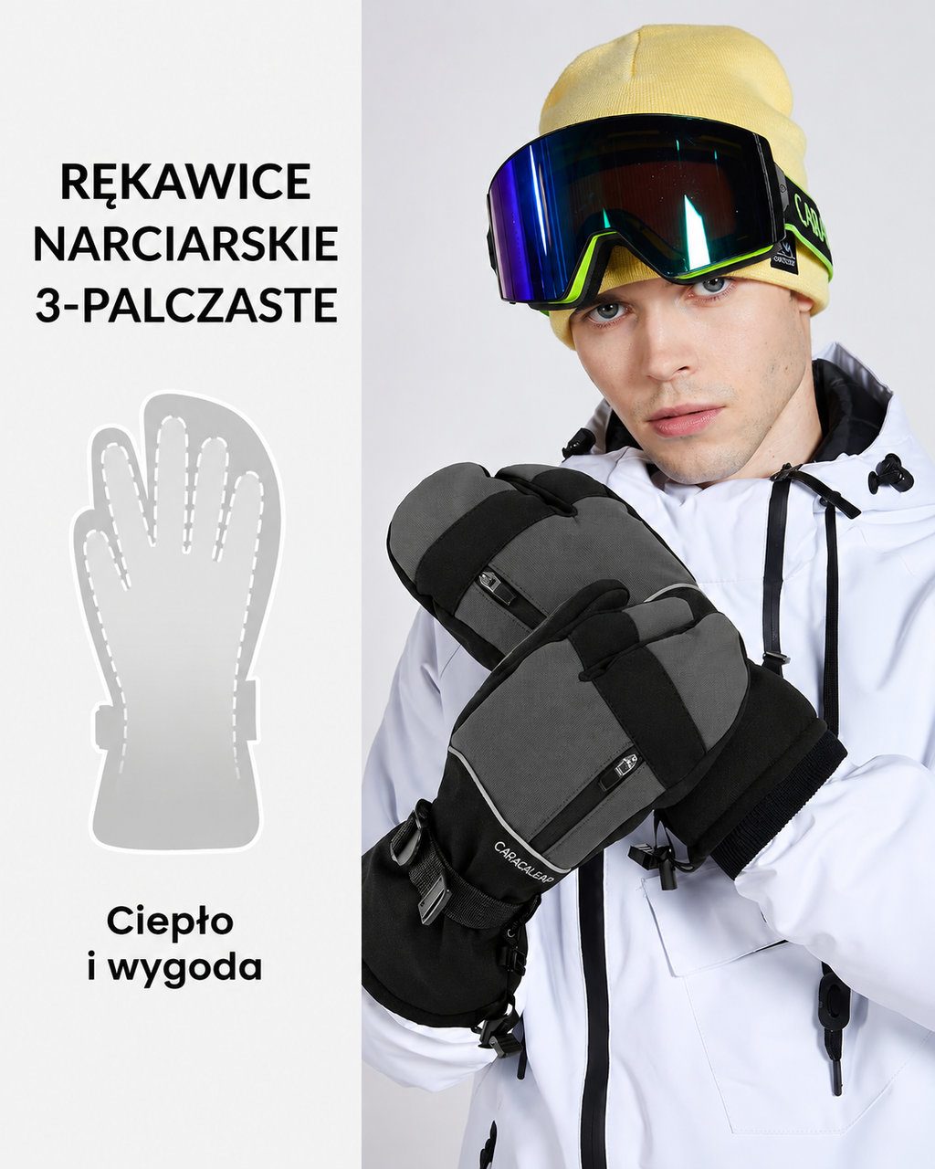 Rękawice Narciarskie CARACALEAP 3-Palcowe M/L Thinsulate Wodoodporne