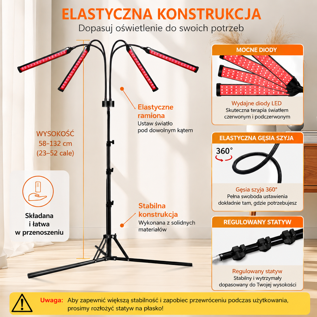 Lampa do terapii światłem czerwonym LED 180 diod 660 nm + 850 nm ze statywem