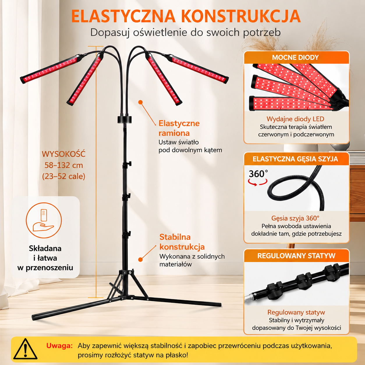 Lampa do terapii światłem czerwonym LED 180 diod 660 nm + 850 nm ze statywem