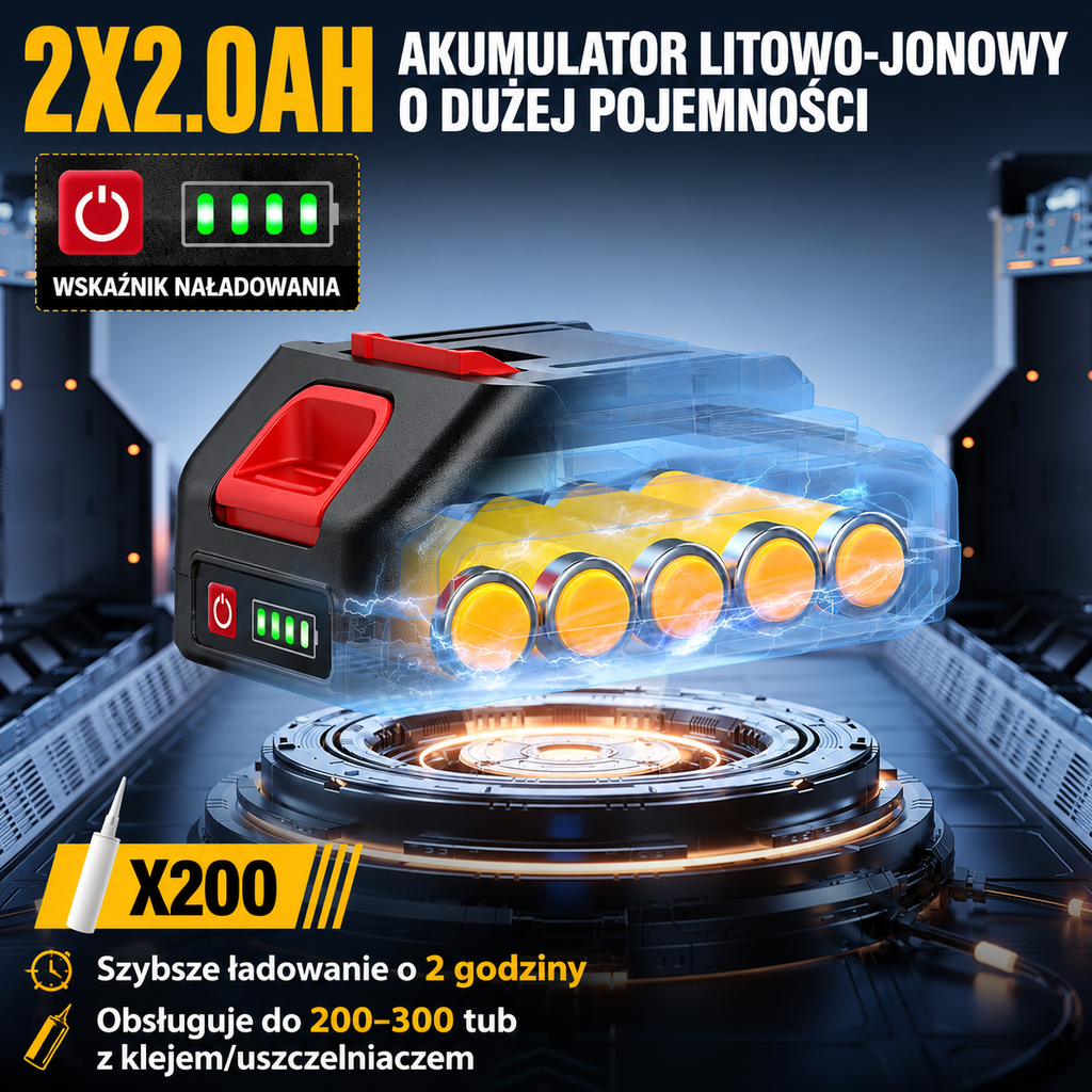 Gisam Akumulatorowy pistolet do silikonu i kleju 21V | 2× akumulator 2.0 Ah | 6 biegów | LED | Wyświetlacz