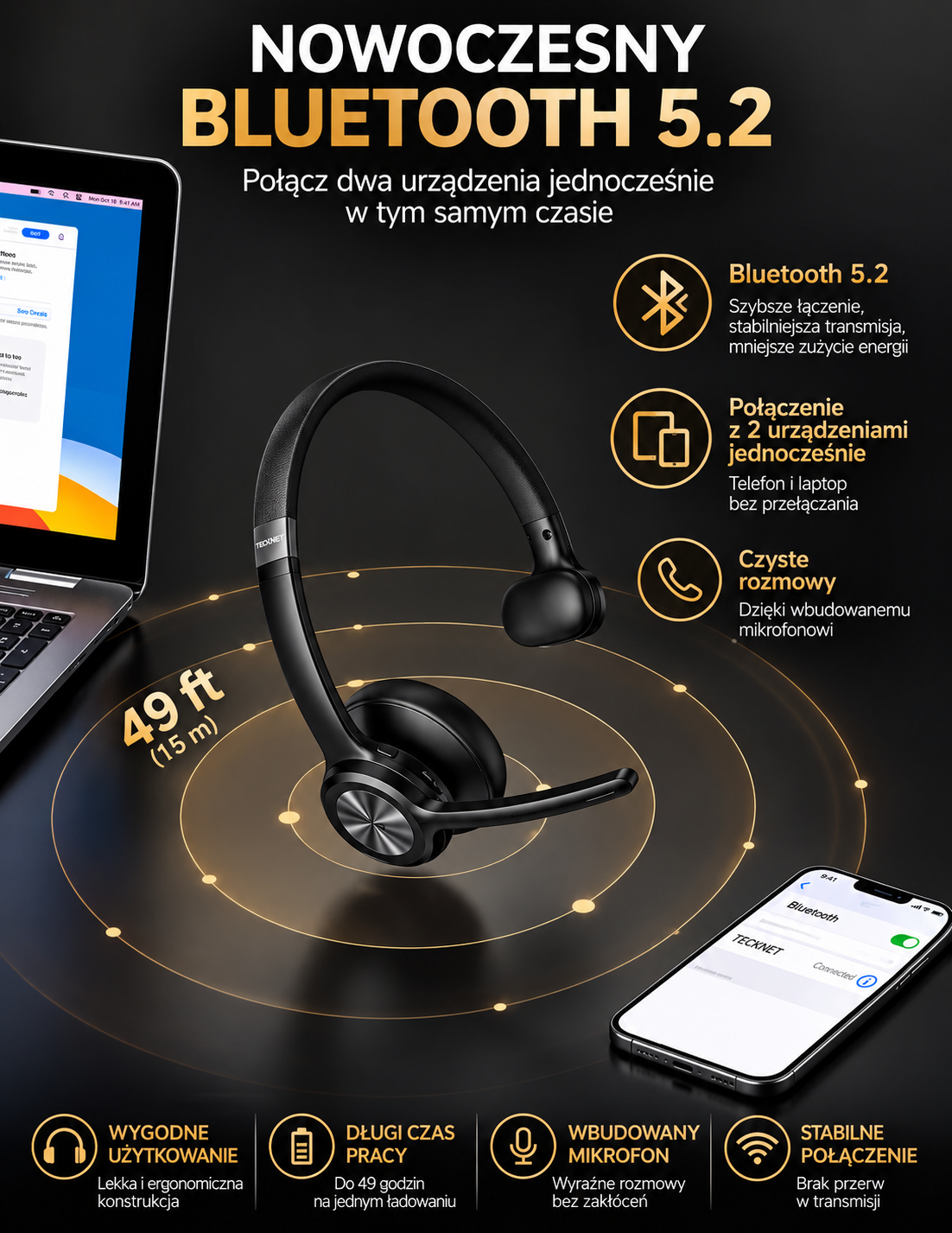 TECKNET TK-HS017 Słuchawka Bluetooth 5.2 z Mikrofonem AI 60h