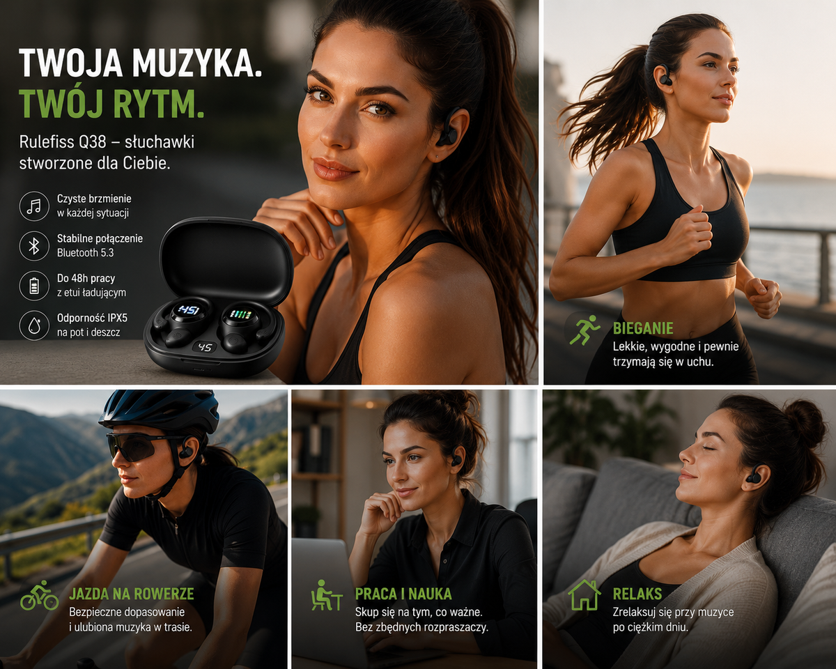 Słuchawki bezprzewodowe sportowe Q38 Bluetooth 5.3 z etui 800 mAh