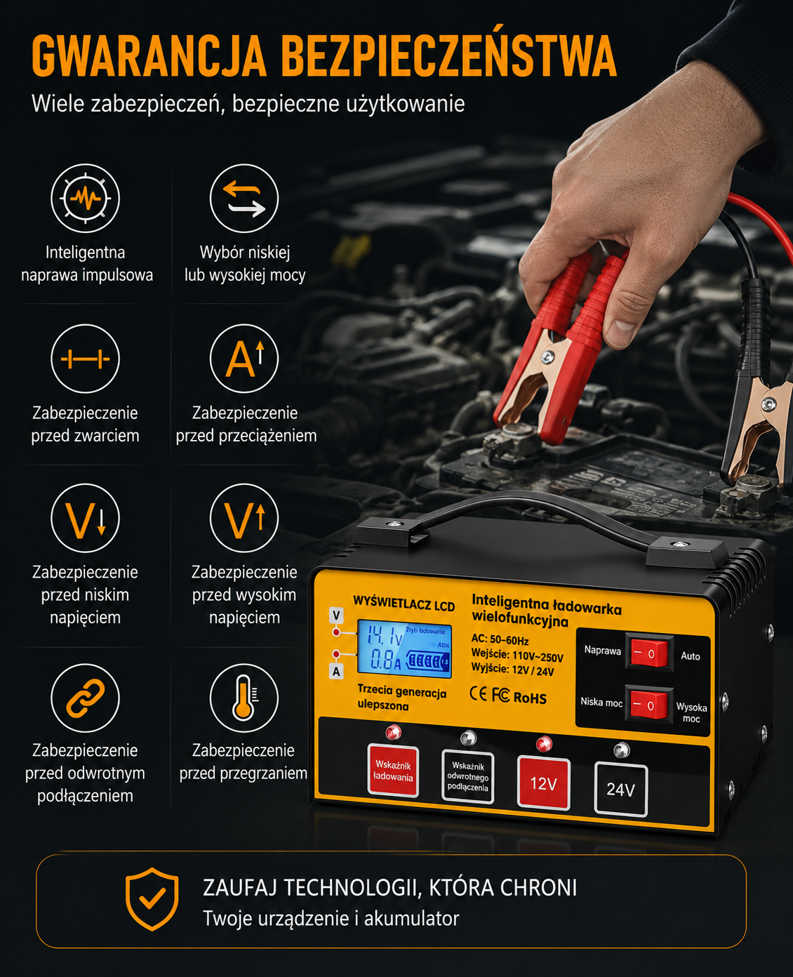 Outerman MF-2C – inteligentny prostownik 12V/24V 12A/8,5A z LCD i funkcją Repair