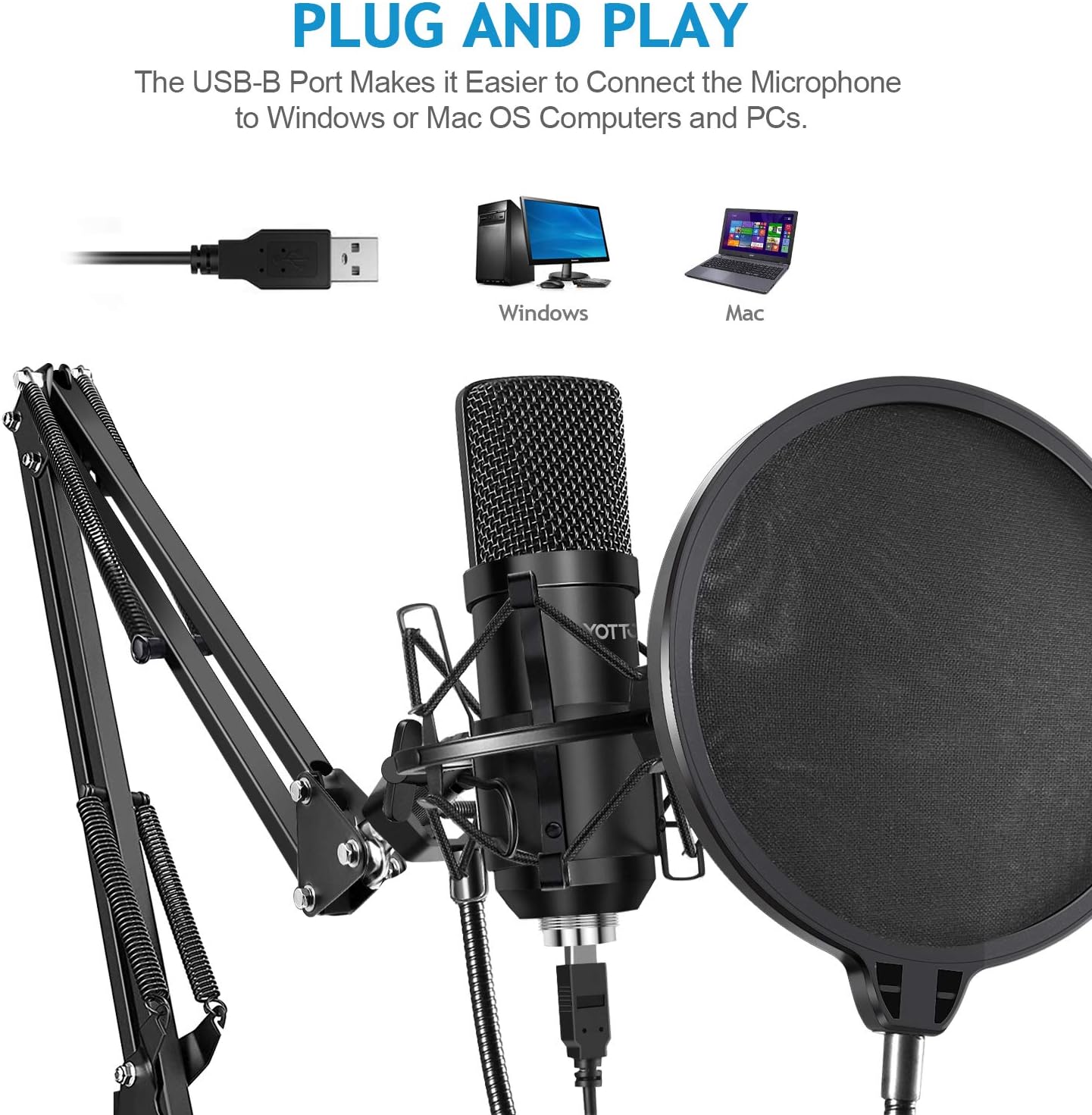 YOTTO Mikrofon Pojemnościowy USB 192kHz 24bit z Ramieniem i Pop Filtrem – Nowy