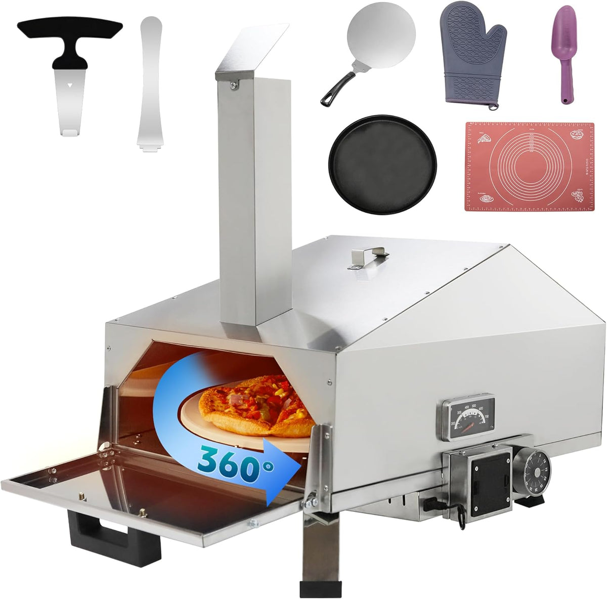 Piec do pizzy na pellet 360° z termometrem i timerem – stal nierdzewna