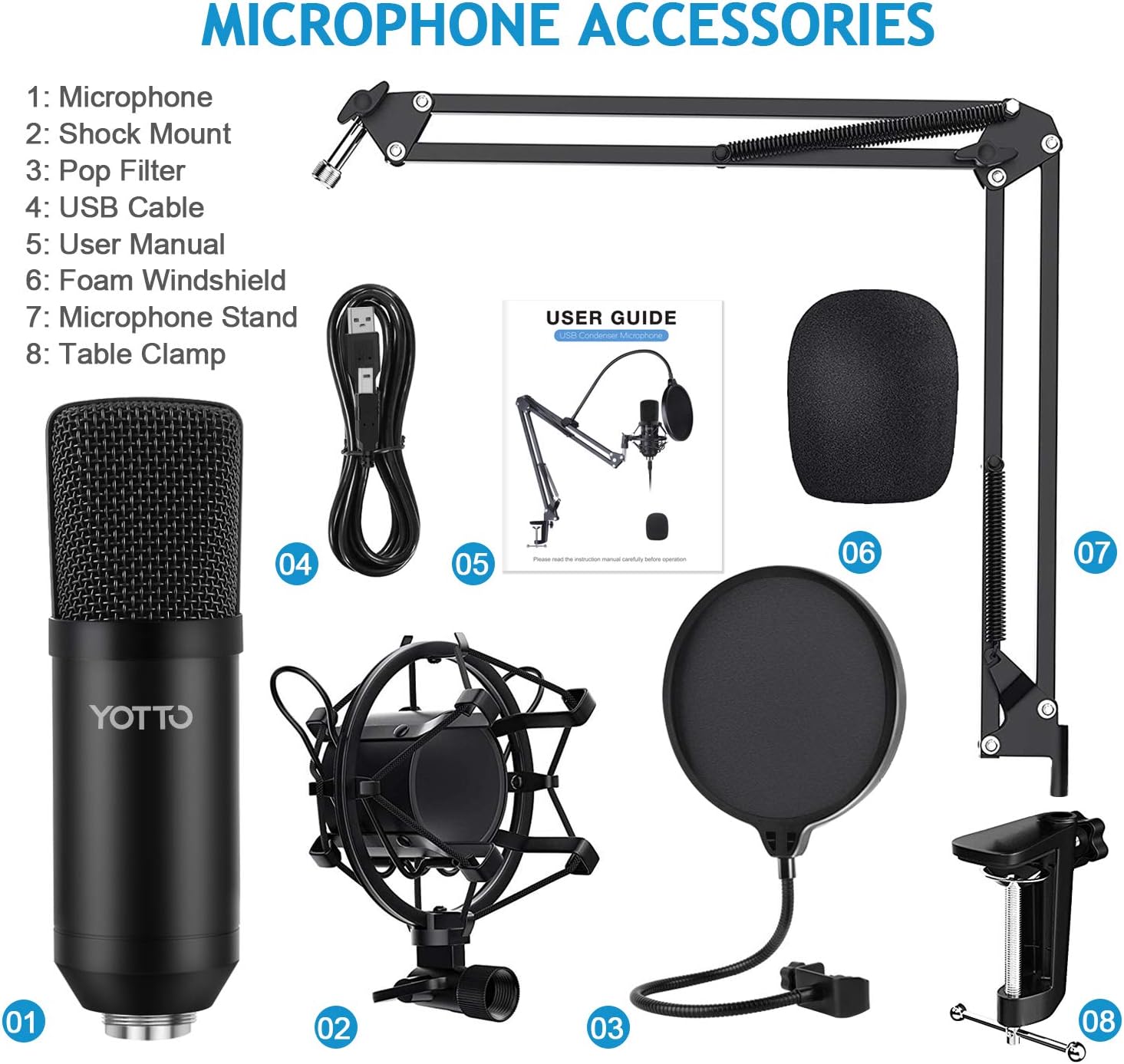 YOTTO Mikrofon Pojemnościowy USB 192kHz 24bit z Ramieniem i Pop Filtrem – Nowy