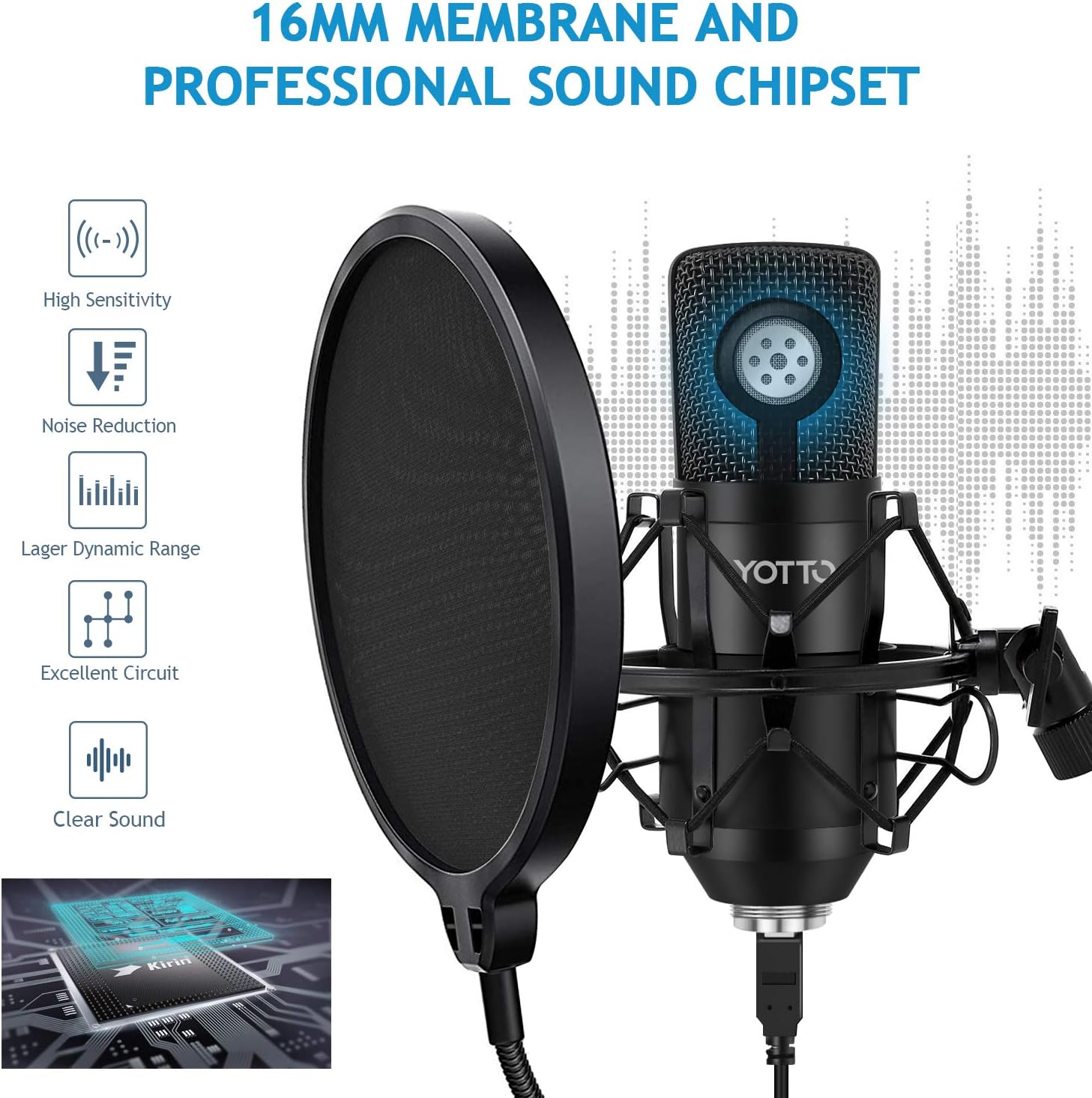 YOTTO Mikrofon Pojemnościowy USB 192kHz 24bit z Ramieniem i Pop Filtrem – Nowy