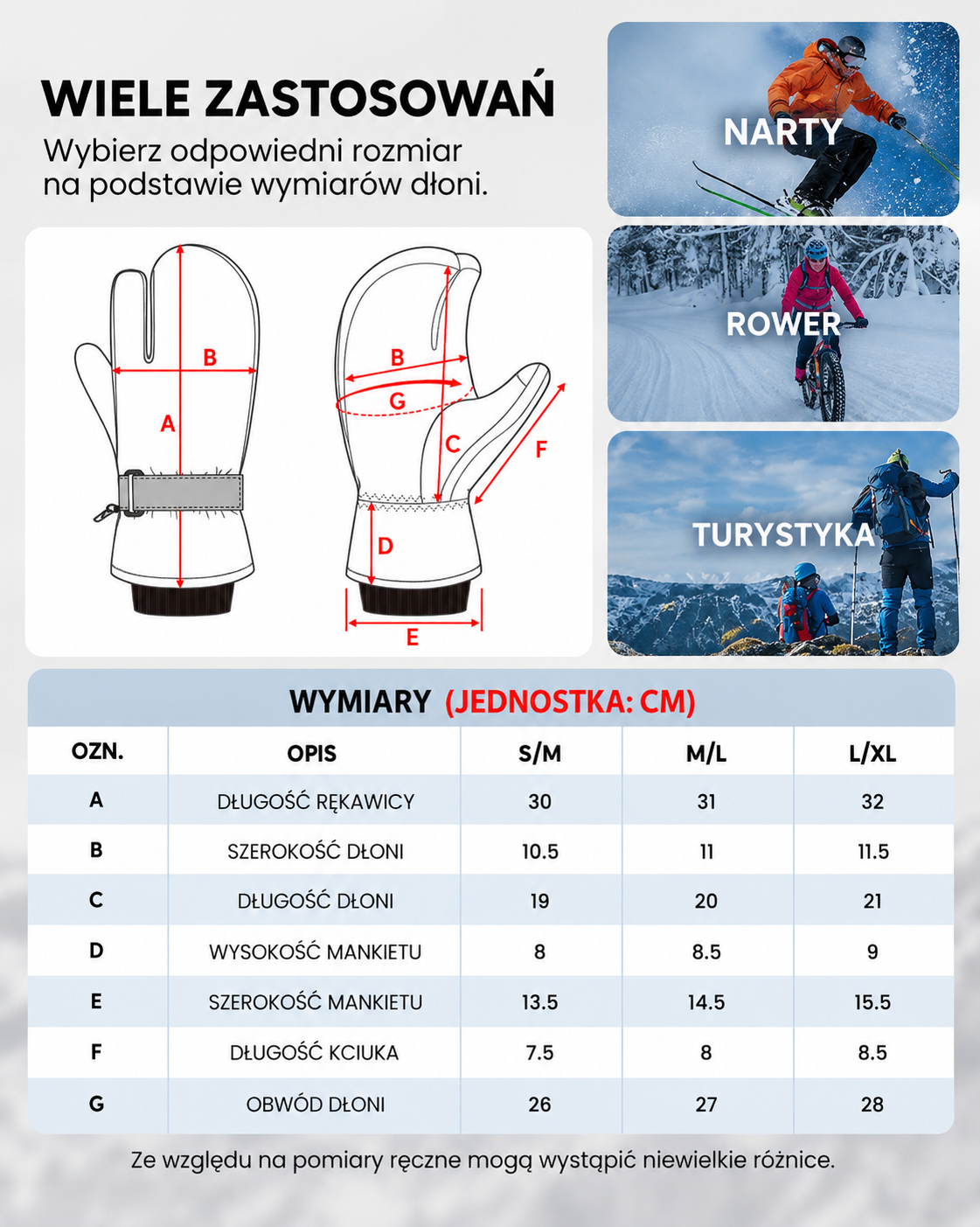 Rękawice Narciarskie CARACALEAP 3-Palcowe M/L Thinsulate Wodoodporne