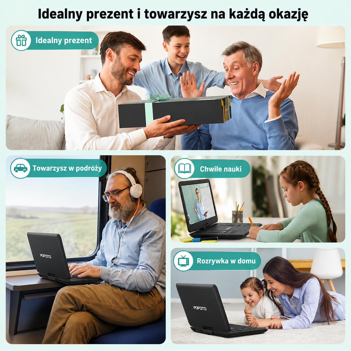 POFOTO PD15 Przenośny Odtwarzacz DVD 15,6" HD Akumulator 5000mAh