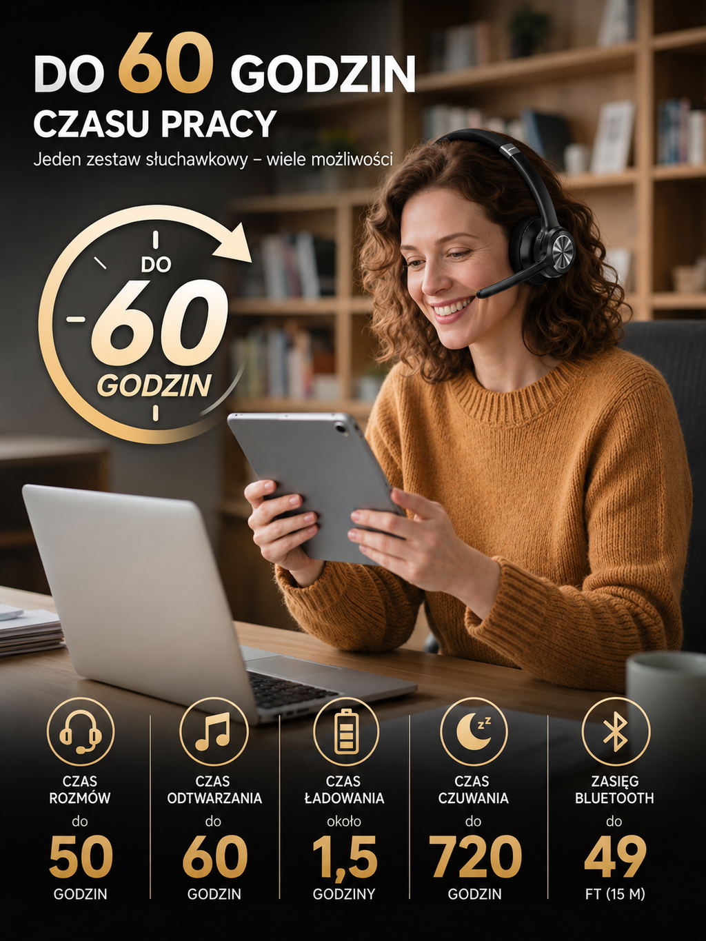 TECKNET TK-HS017 Słuchawka Bluetooth 5.2 z Mikrofonem AI 60h