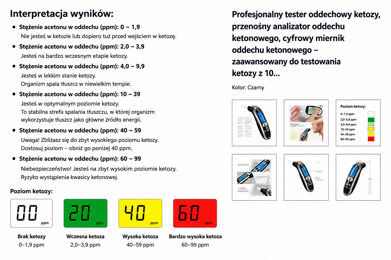Tester Oddechowy Ketozy SOYAA – Miernik Ketonów PPM LCD + 8 Ustników