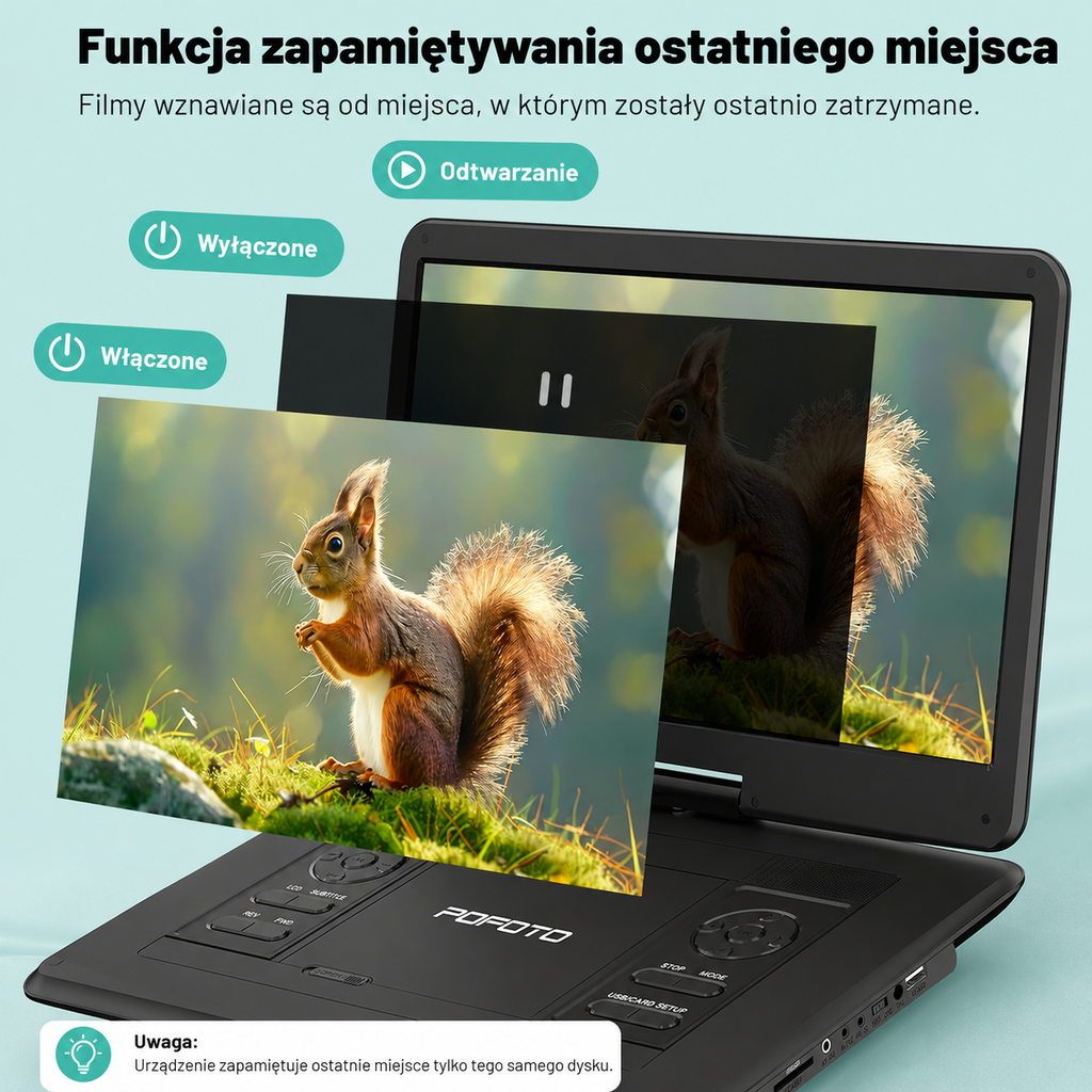 POFOTO PD15 Przenośny Odtwarzacz DVD 15,6" HD Akumulator 5000mAh