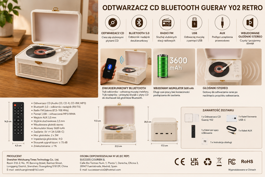 Odtwarzacz CD Bluetooth Gueray Y02 Retro – FM, USB, AUX, pilot