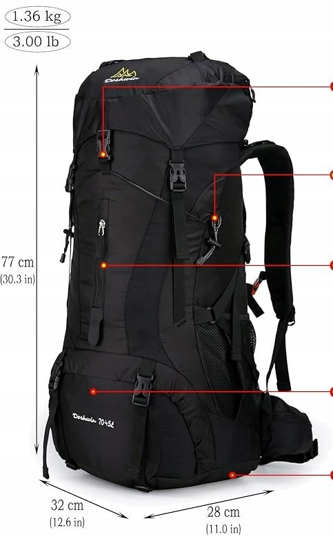 Doshwin Plecak Trekkingowy Czarny 70l + 5l Wodoodporny Pakowny Lekki
